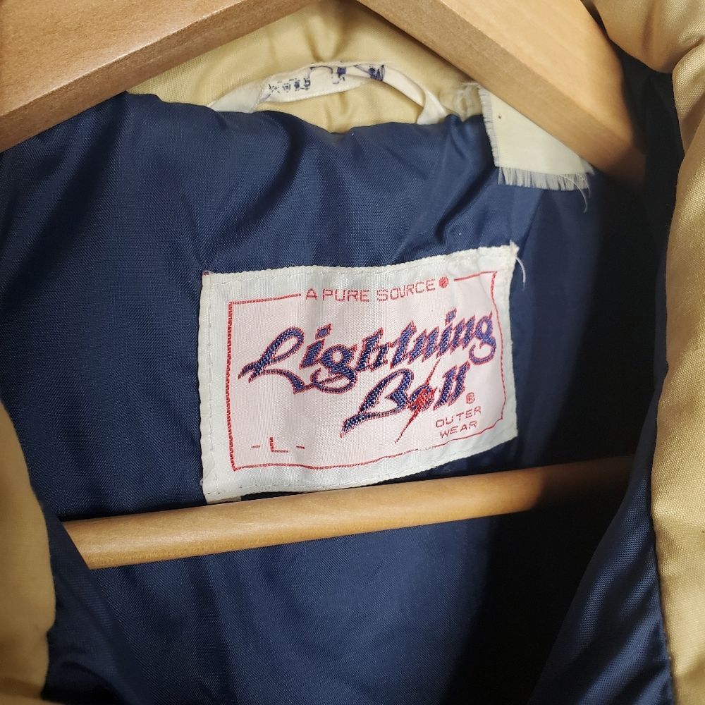 Vintage 80s Lightning Bolt Beige Blue Red Puffer Bomber Collared Coat Size L - Picture 6 of 6